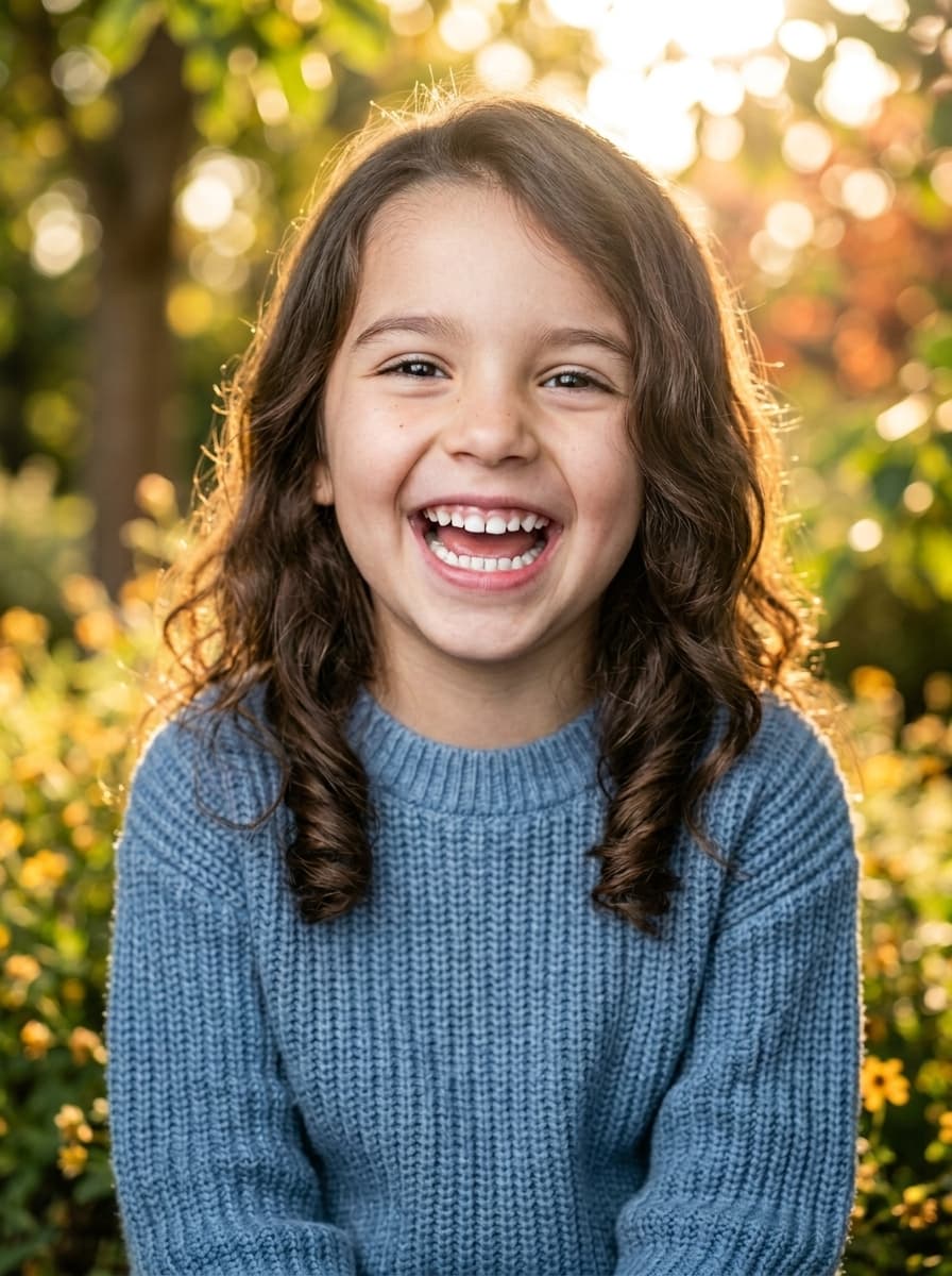 Child smiling after restoration with tooth-colored zirconia crowns