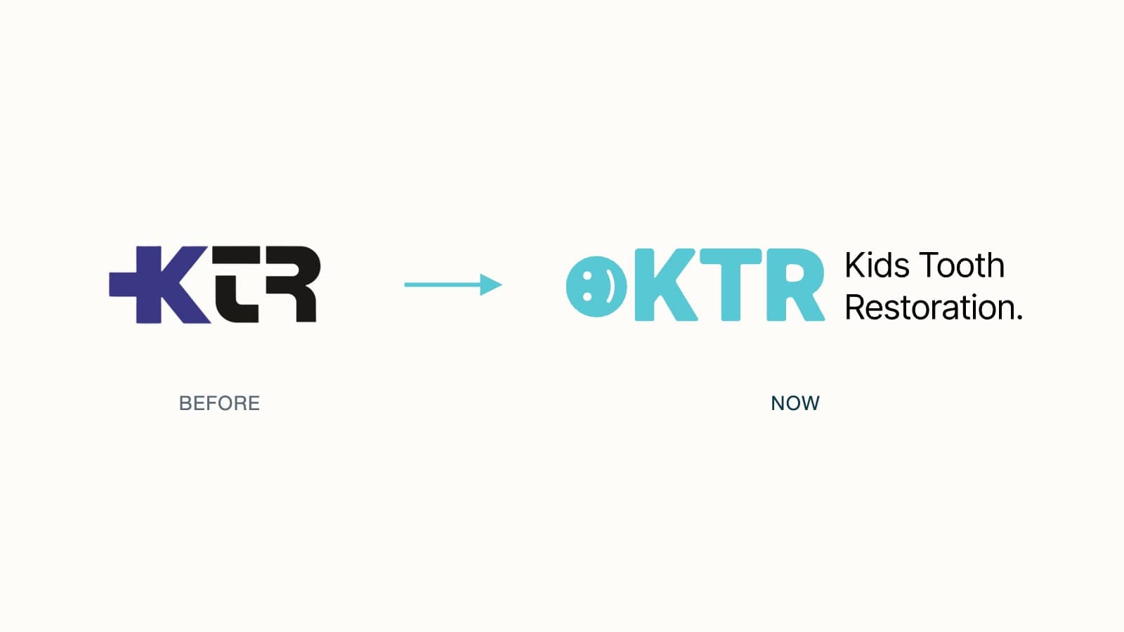 The original purple and black KTR logo with an arrow pointing to the new teal KTR Kids Tooth Restoration logo