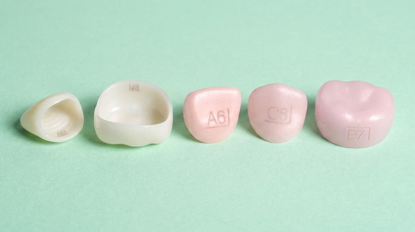 Zirconia crowns and colored try-in crowns side by side