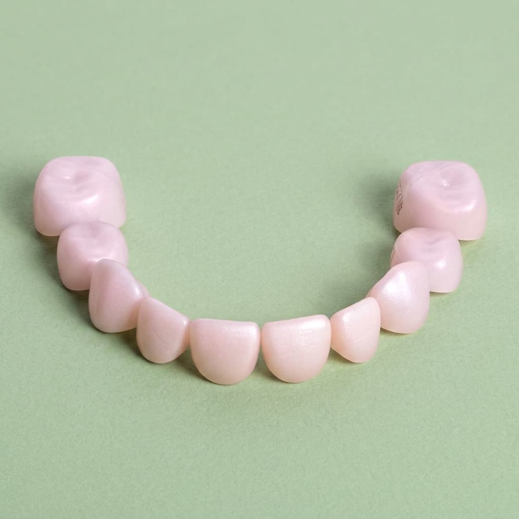 Colored zirconia try-in crowns arranged in an arch