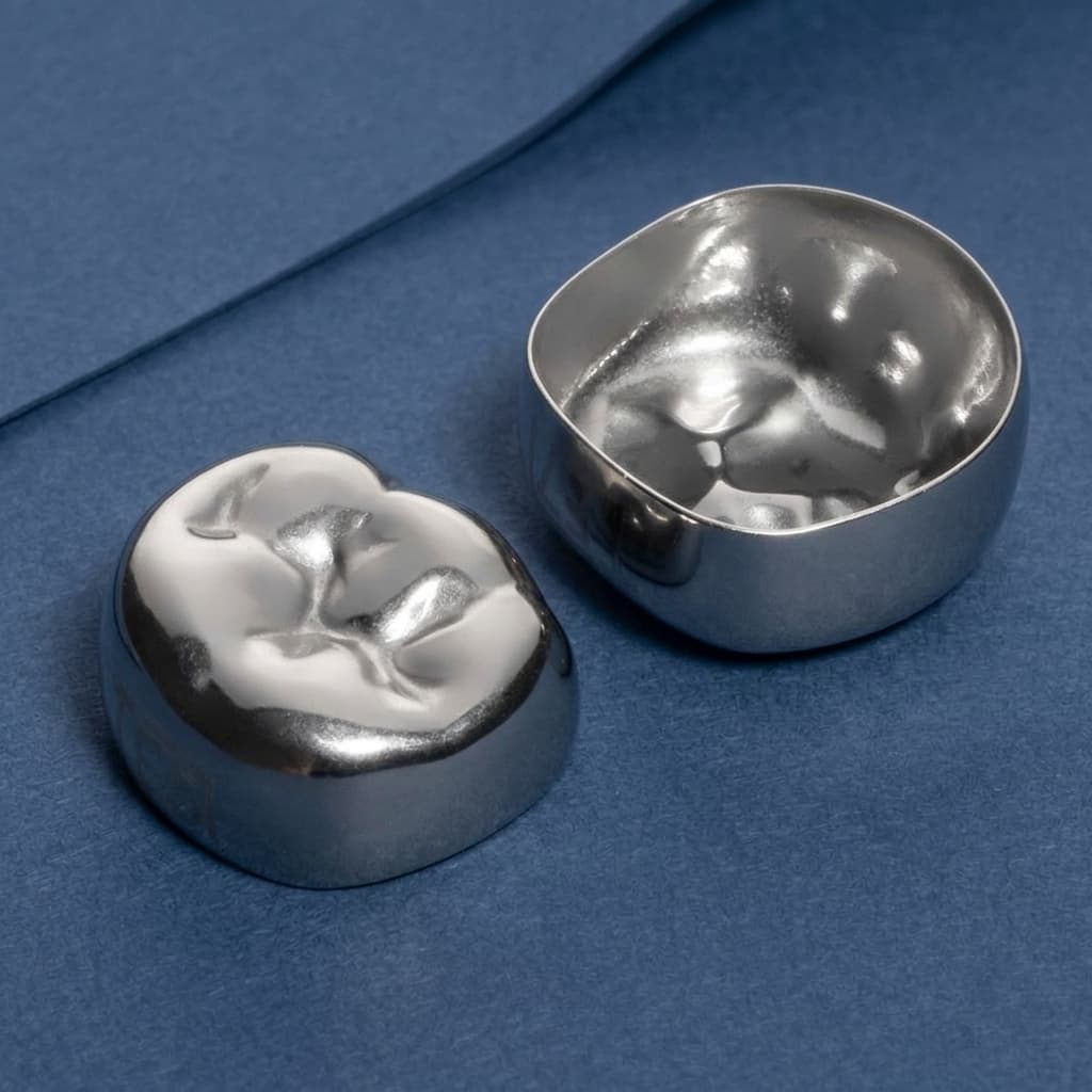 KTR pre-crimped stainless steel primary molar crowns on navy paper