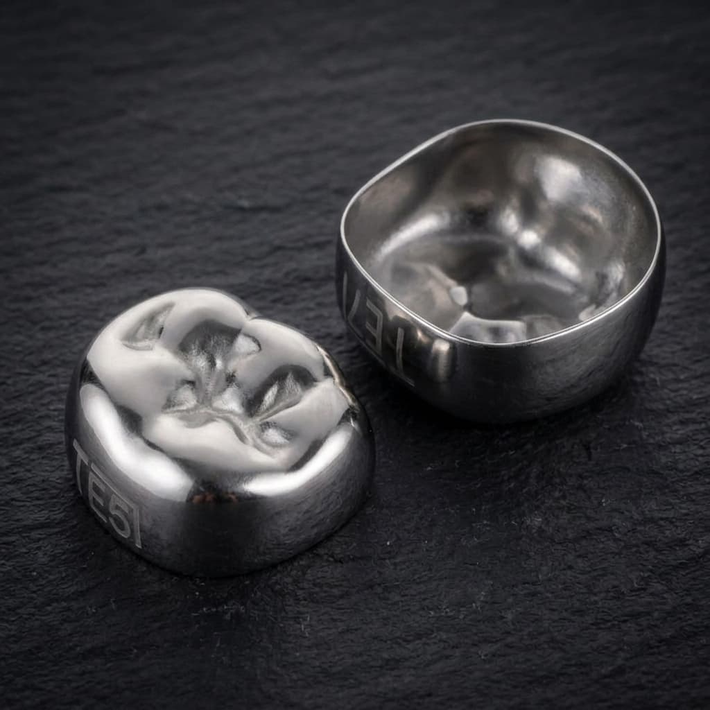KTR stainless steel primary molar crowns on a slate background