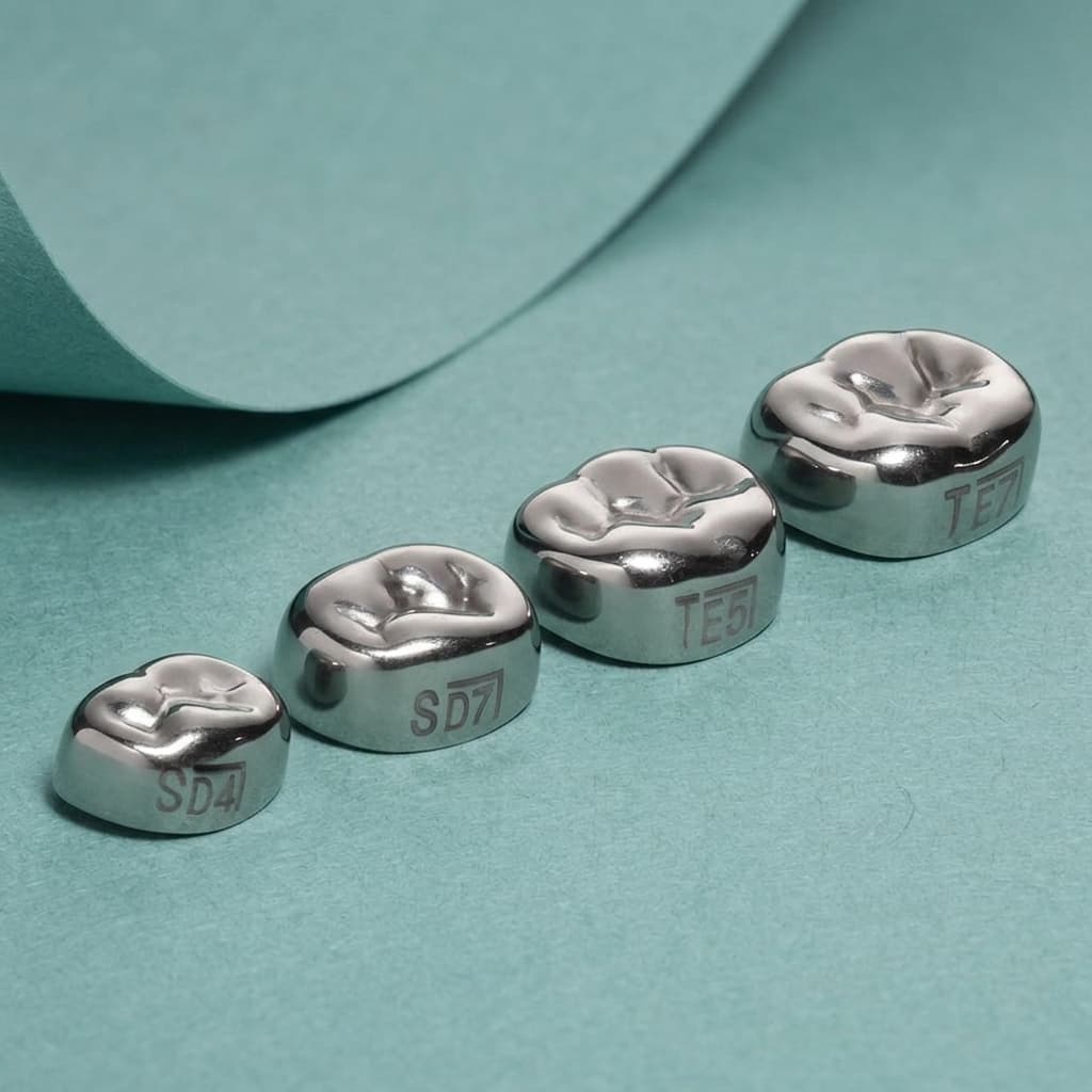 KTR pre-crimped stainless steel crowns for primary molars on a teal paper background