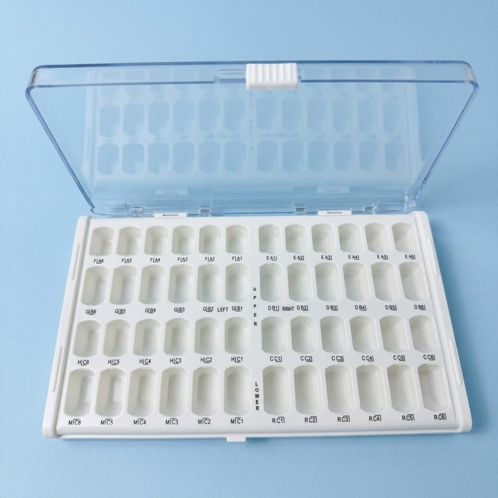 KTR incisor and cuspid crown carry case, open, with labeled slots for each tooth and size