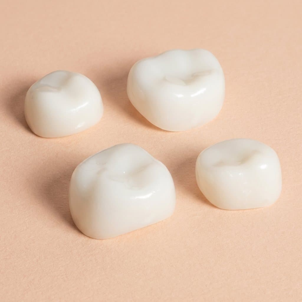 KTR pediatric zirconia molar crowns on a pastel paper background